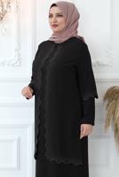Tesettür giyim SİYAH LAZER KESİM TAŞ BASKILI ABİYE ELBİSE T 6321