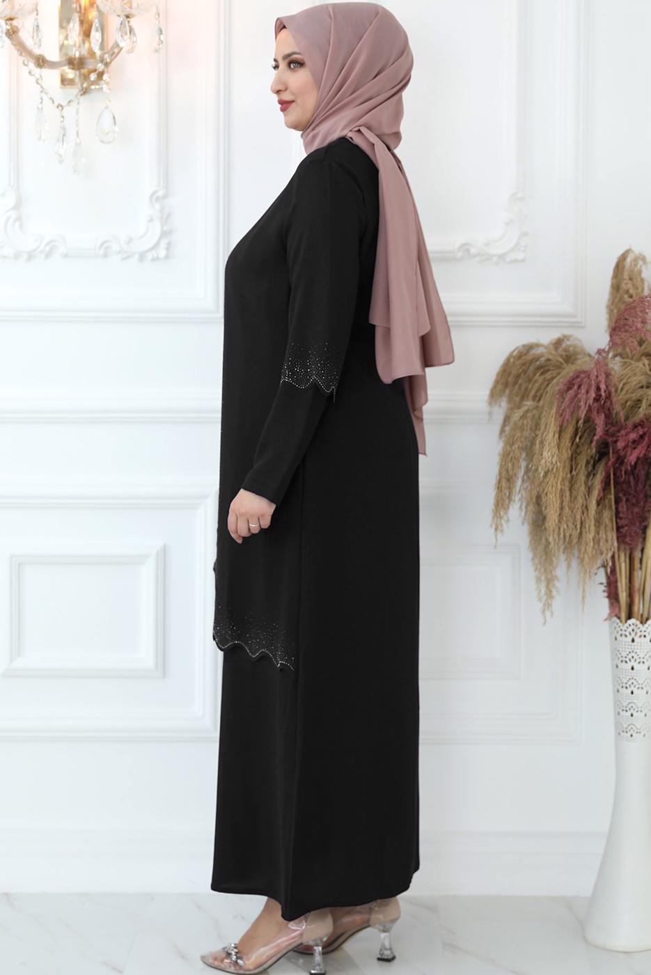 Tesettür giyim SİYAH LAZER KESİM TAŞ BASKILI ABİYE ELBİSE T 6321