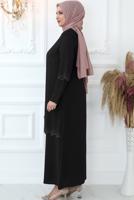 Tesettür giyim SİYAH LAZER KESİM TAŞ BASKILI ABİYE ELBİSE T 6321