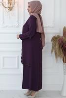 Tesettür giyim MOR LAZER KESİM TAŞ BASKILI ABİYE ELBİSE T 6321