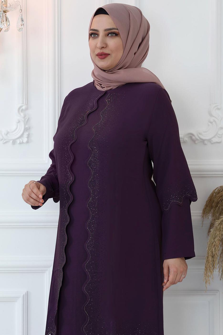 Tesettür giyim MOR LAZER KESİM TAŞ BASKILI ABİYE ELBİSE T 6321