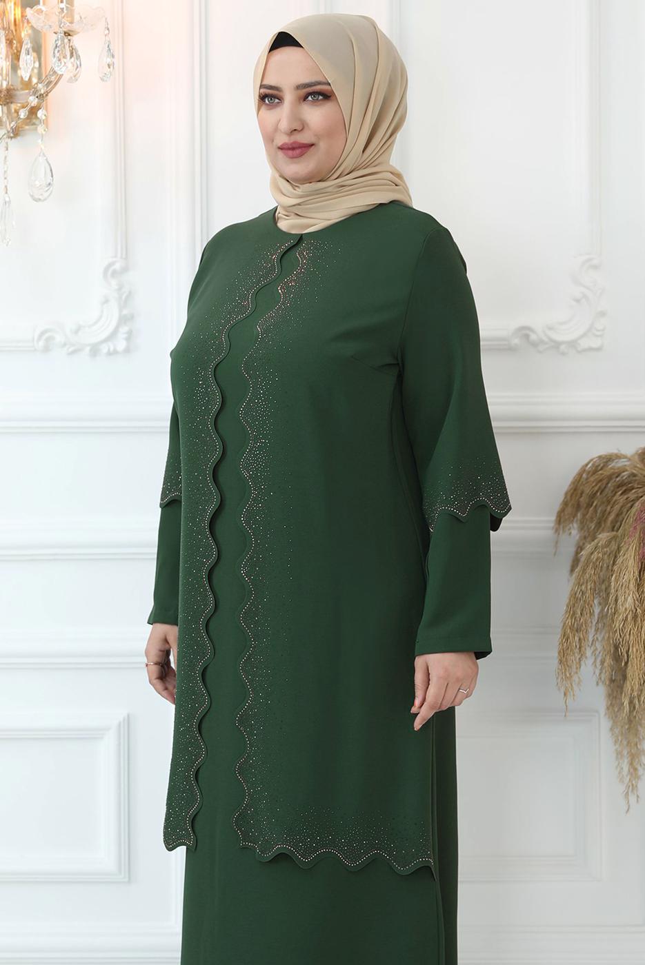 Tesettür giyim HAKİ LAZER KESİM TAŞ BASKILI ABİYE ELBİSE T 6321