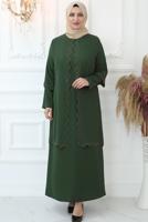 Tesettür giyim HAKİ LAZER KESİM TAŞ BASKILI ABİYE ELBİSE T 6321