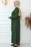 Tesettür giyim HAKİ LAZER KESİM TAŞ BASKILI ABİYE ELBİSE T 6321