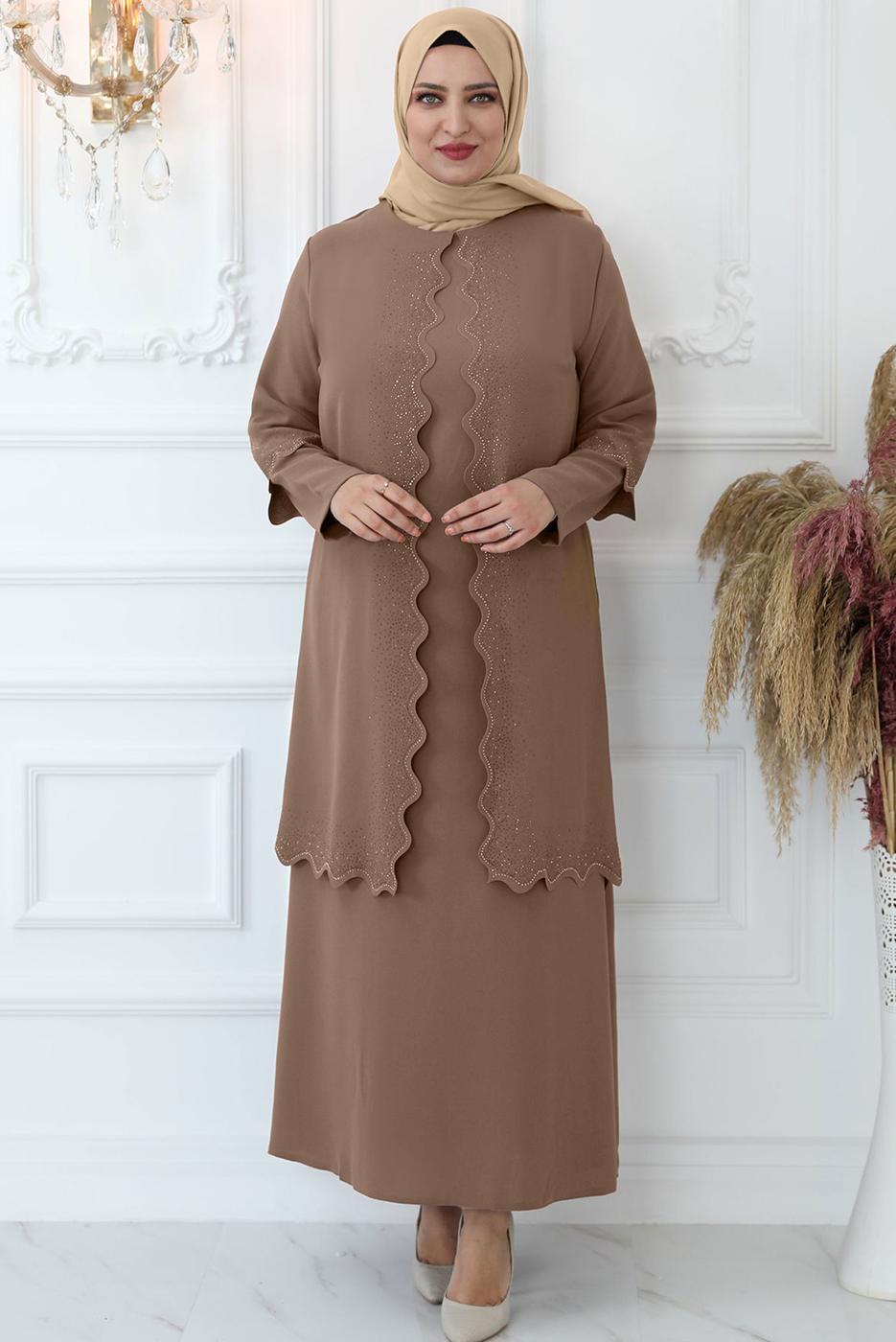 Tesettür giyim VİZON LAZER KESİM TAŞ BASKILI ABİYE ELBİSE T 6321