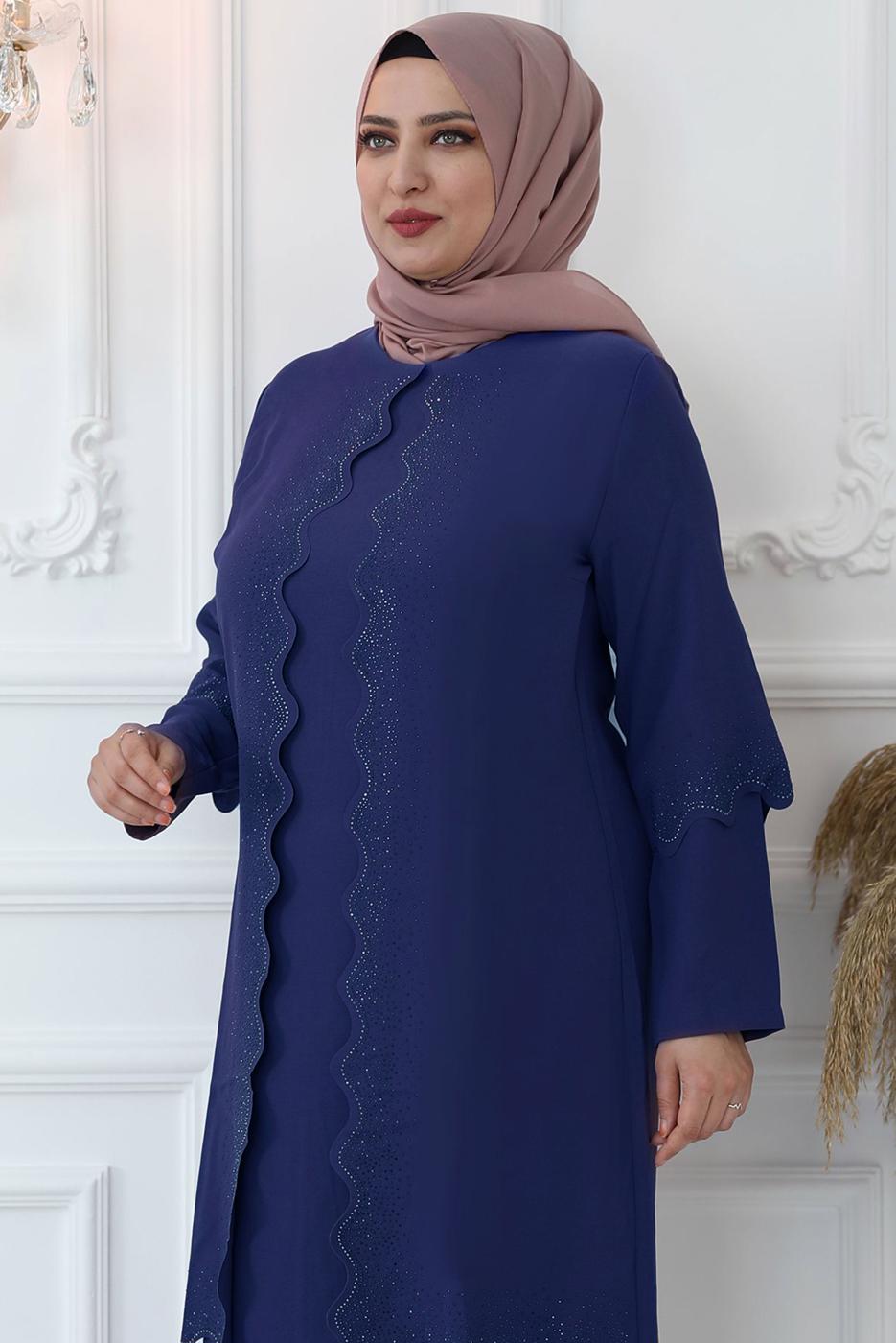 Hijab clothing NAVY BLUE LASER CUT EVENING DRESS WITH GEM T 6321