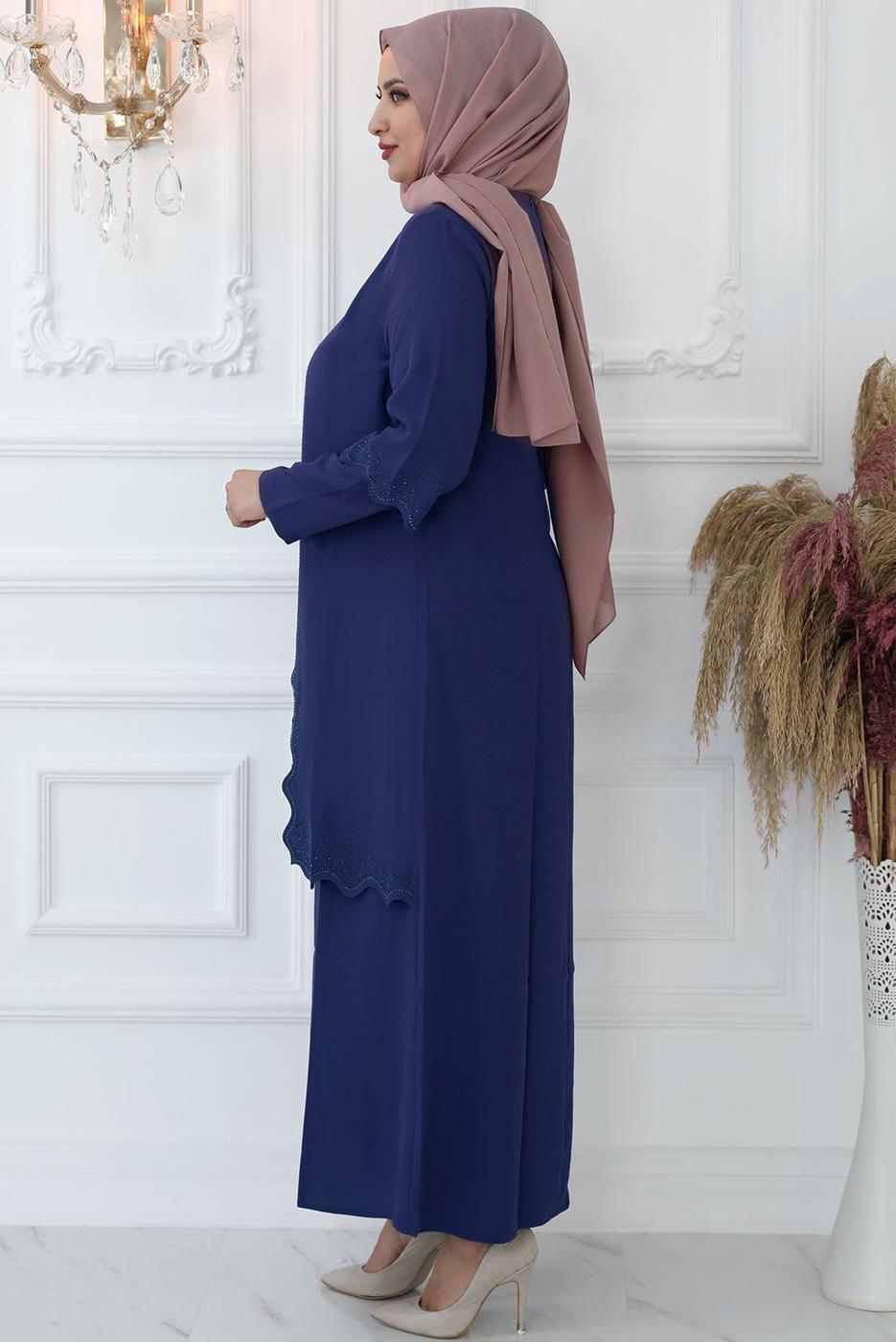 Hijab clothing NAVY BLUE LASER CUT EVENING DRESS WITH GEM T 6321