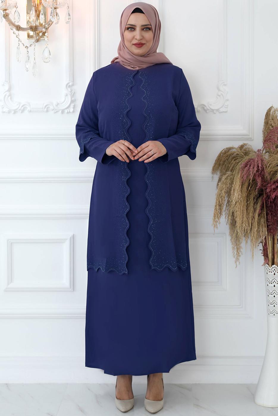 Hijab clothing NAVY BLUE LASER CUT EVENING DRESS WITH GEM T 6321