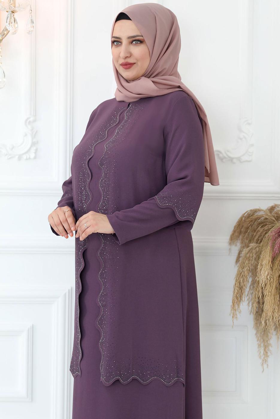 Tesettür giyim MOR LAZER KESİM TAŞ BASKILI ABİYE ELBİSE T 6321