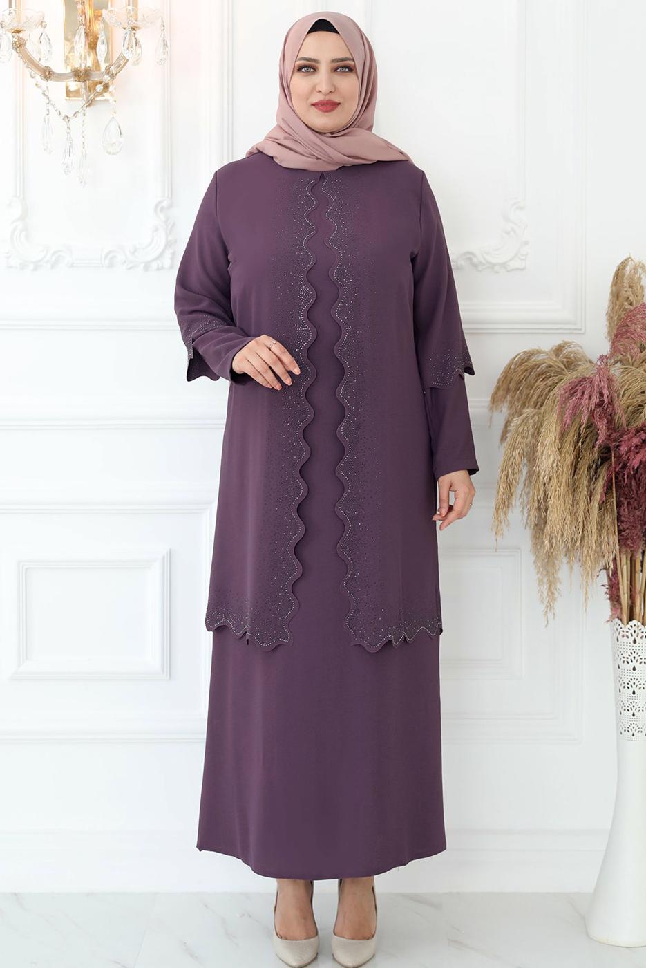 Tesettür giyim MOR LAZER KESİM TAŞ BASKILI ABİYE ELBİSE T 6321