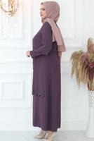 Tesettür giyim MOR LAZER KESİM TAŞ BASKILI ABİYE ELBİSE T 6321