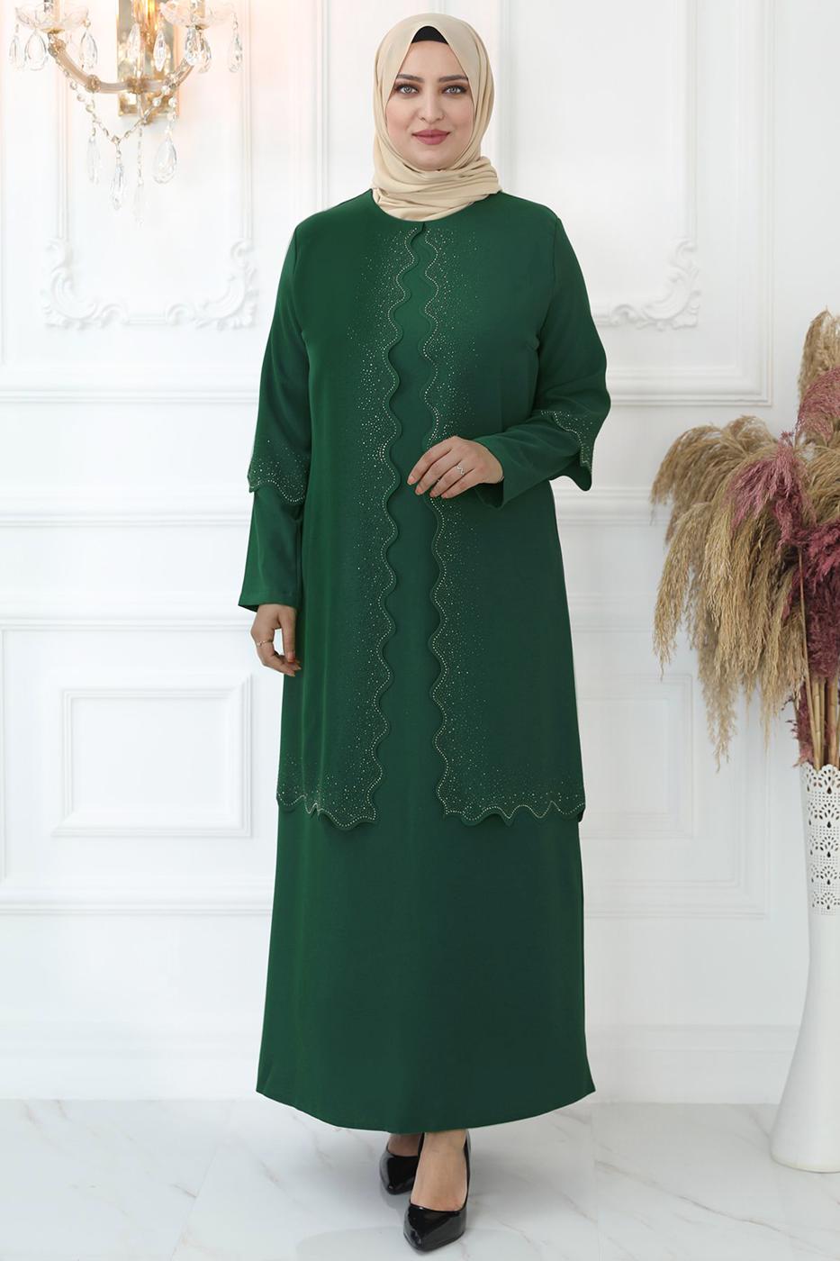Hijab clothing GREEN LASER CUT EVENING DRESS WITH GEM T 6321