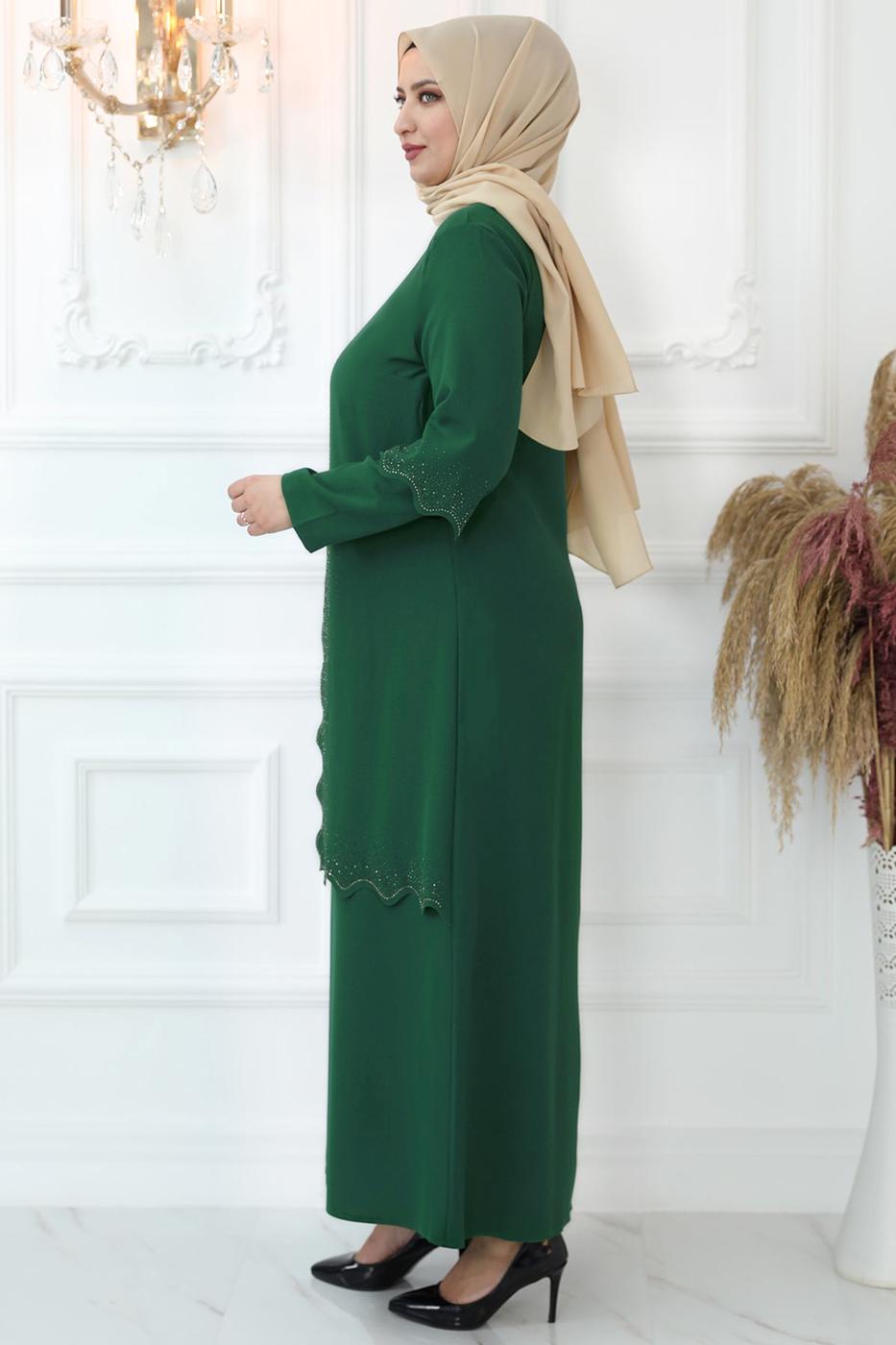 Hijab clothing GREEN LASER CUT EVENING DRESS WITH GEM T 6321