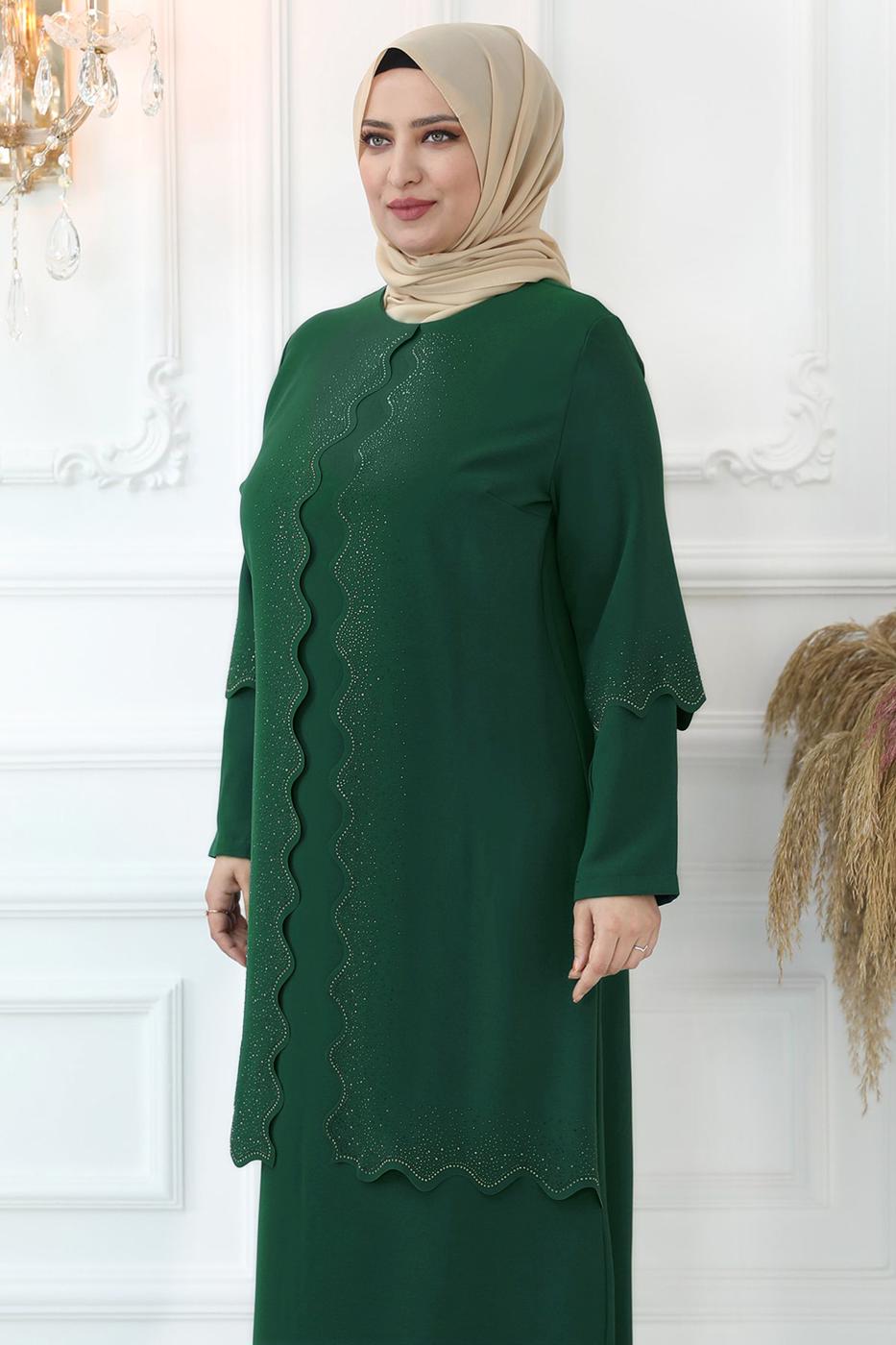 Hijab clothing GREEN LASER CUT EVENING DRESS WITH GEM T 6321