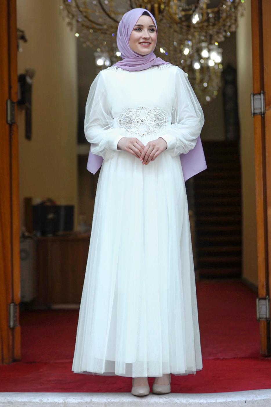 Tesettür giyim EKRU TAŞ İŞLEMELİ ABİYE ELBİSE T 7253