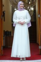 Tesettür giyim EKRU TAŞ İŞLEMELİ ABİYE ELBİSE T 7253