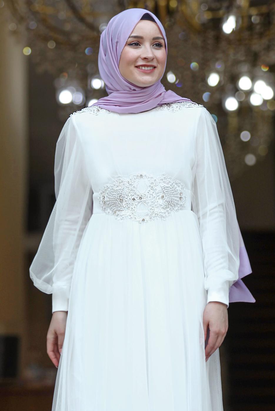 Tesettür giyim EKRU TAŞ İŞLEMELİ ABİYE ELBİSE T 7253