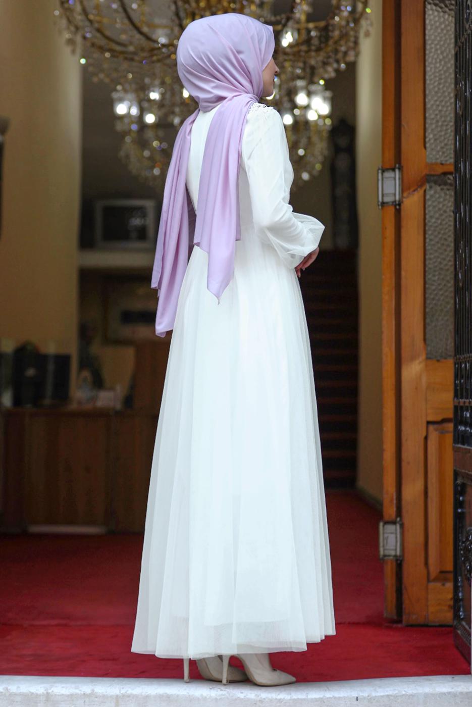 Tesettür giyim EKRU TAŞ İŞLEMELİ ABİYE ELBİSE T 7253