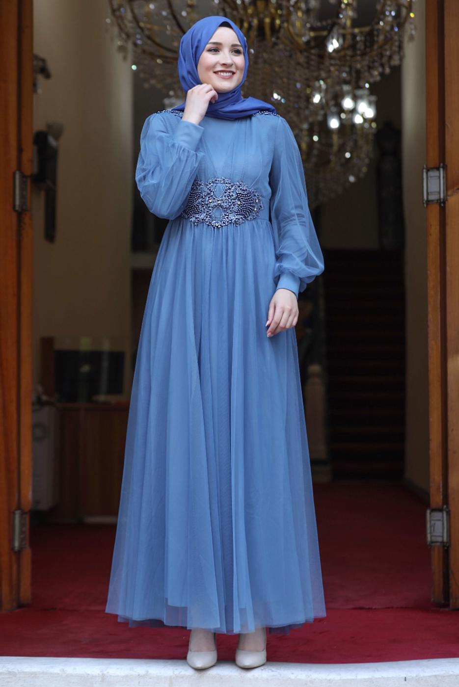 Tesettür giyim LACİVERT TAŞ İŞLEMELİ ABİYE ELBİSE T 7253