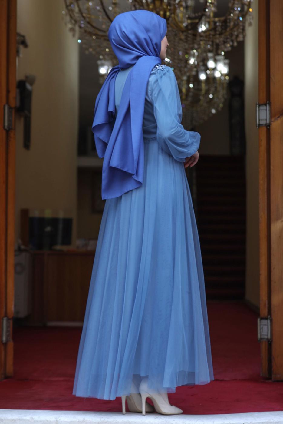 Tesettür giyim LACİVERT TAŞ İŞLEMELİ ABİYE ELBİSE T 7253