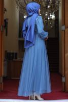 Tesettür giyim LACİVERT TAŞ İŞLEMELİ ABİYE ELBİSE T 7253