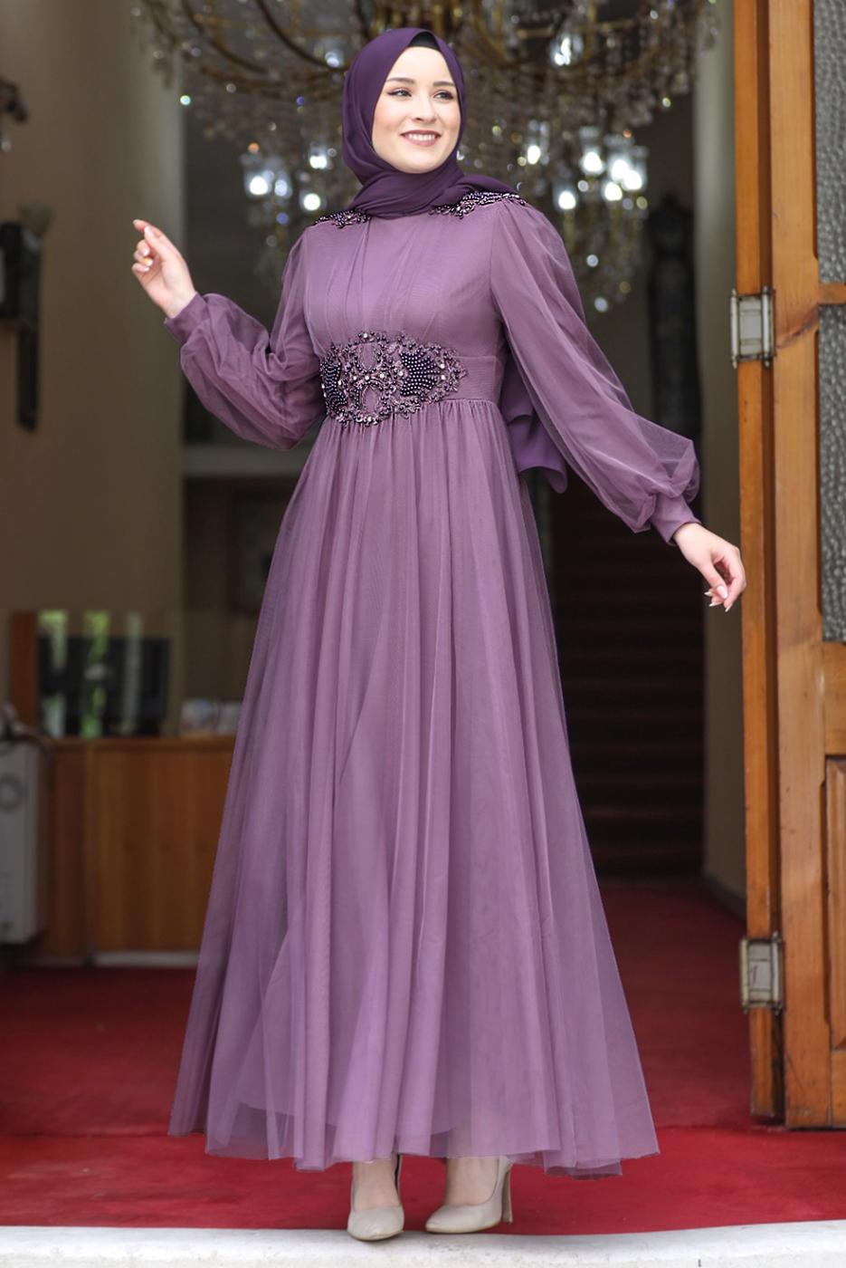 Tesettür giyim MOR TAŞ İŞLEMELİ ABİYE ELBİSE T 7253