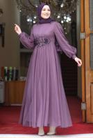 Tesettür giyim MOR TAŞ İŞLEMELİ ABİYE ELBİSE T 7253