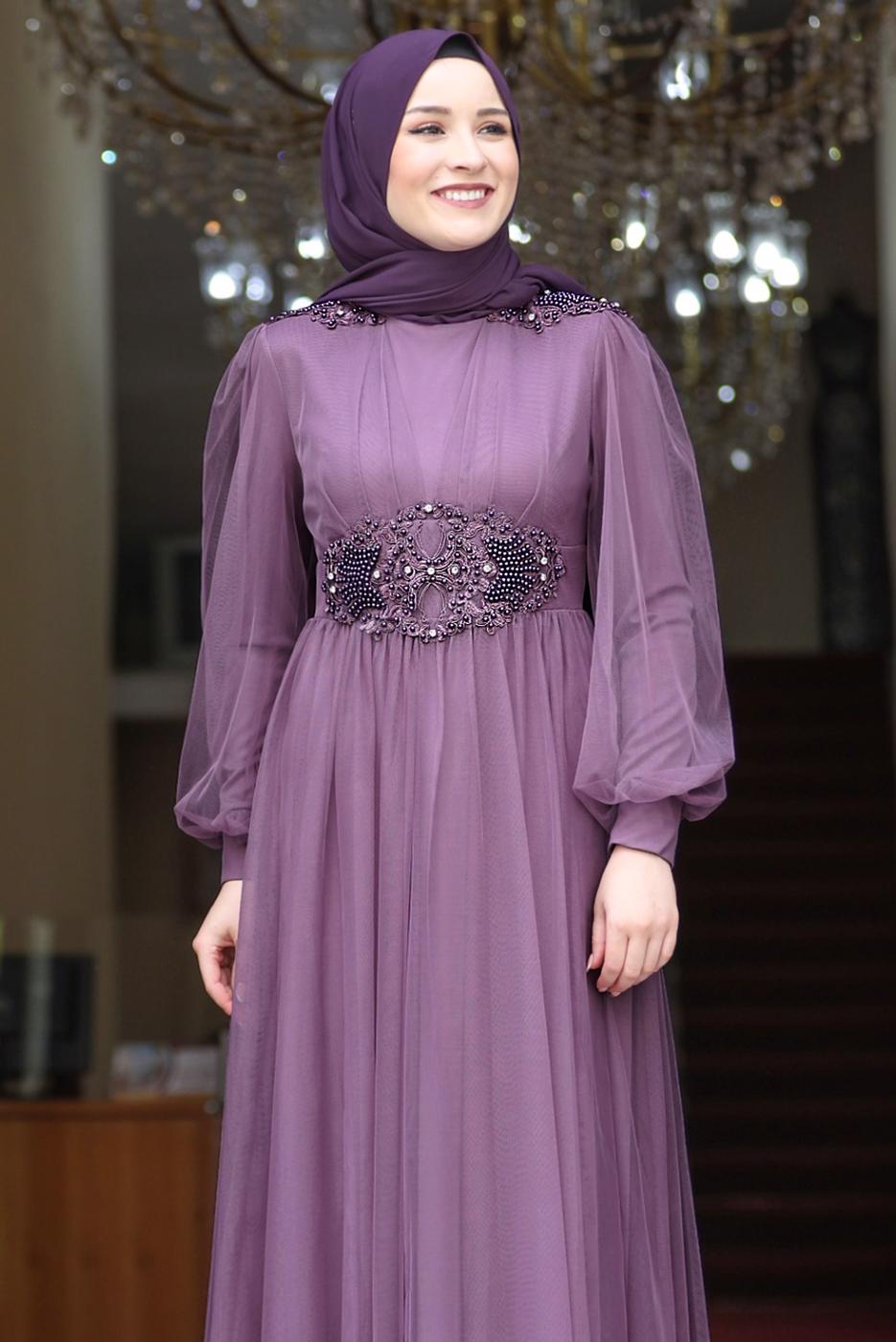 Tesettür giyim MOR TAŞ İŞLEMELİ ABİYE ELBİSE T 7253