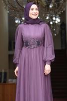 Tesettür giyim MOR TAŞ İŞLEMELİ ABİYE ELBİSE T 7253