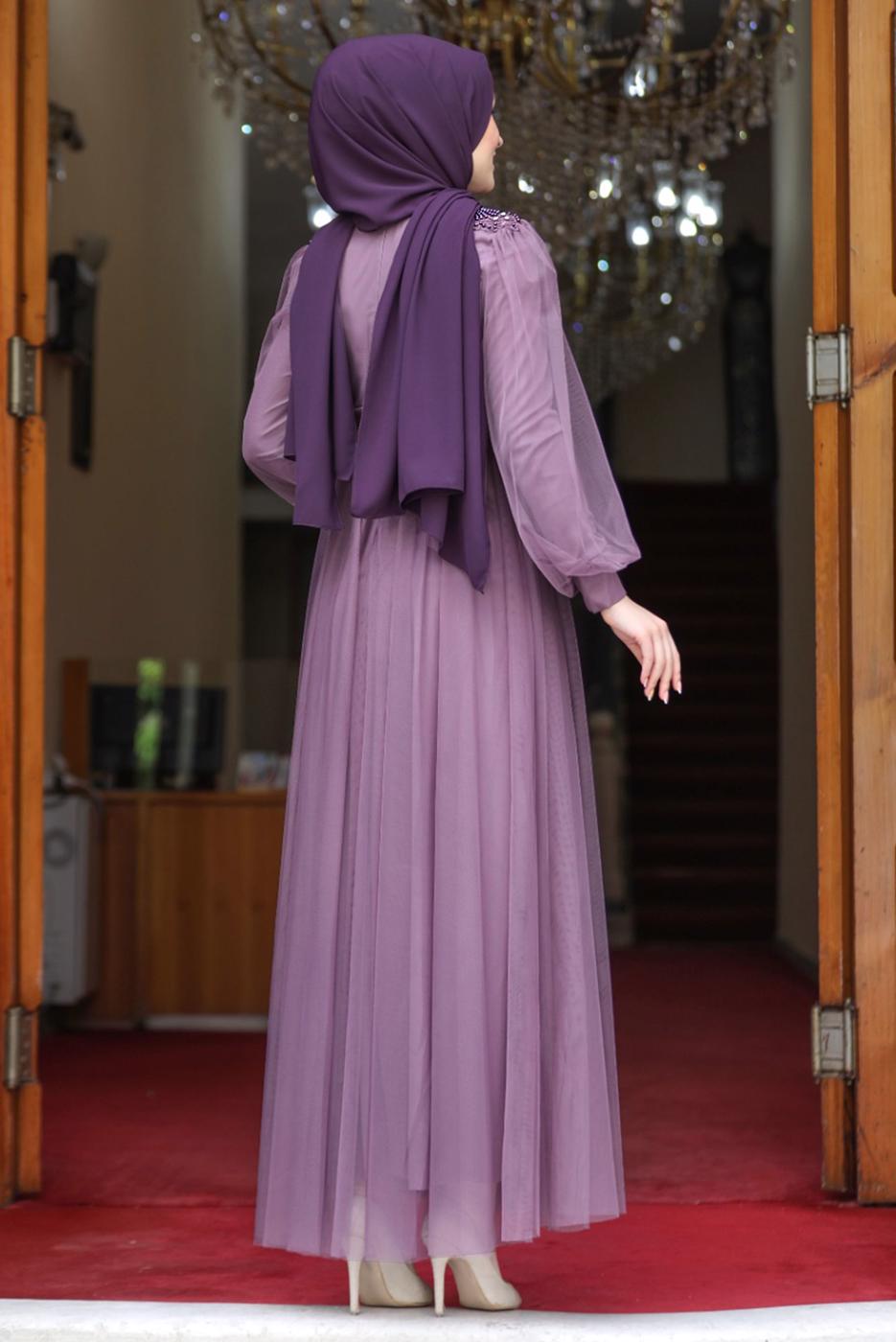 Tesettür giyim MOR TAŞ İŞLEMELİ ABİYE ELBİSE T 7253