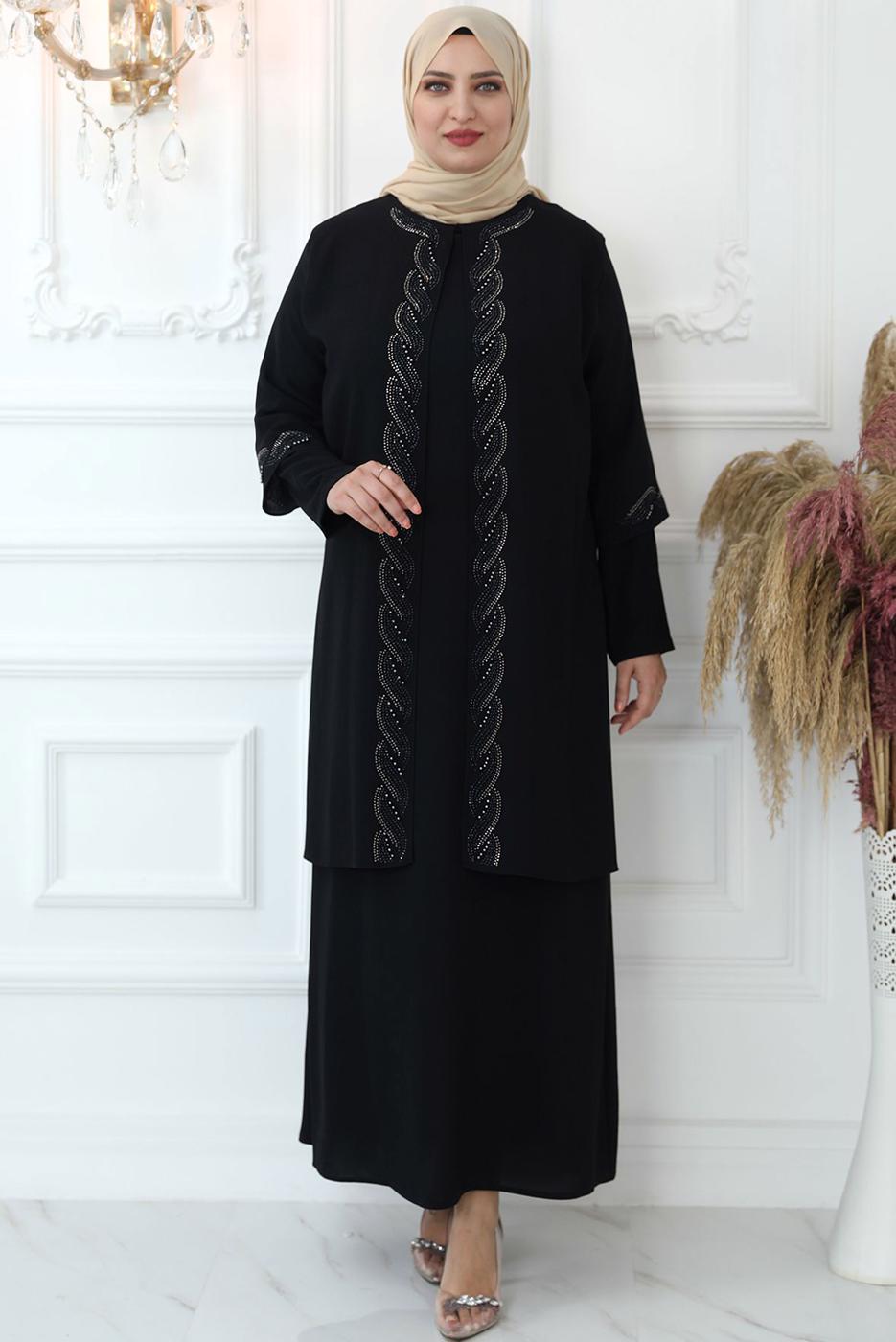 Tesettür giyim SİYAH TAŞ İŞLEMELİ ABİYE ELBİSE T 7321