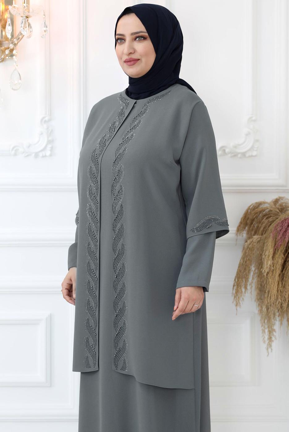 Tesettür giyim GRİ TAŞ İŞLEMELİ ABİYE ELBİSE T 7321