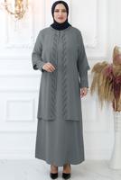 Tesettür giyim GRİ TAŞ İŞLEMELİ ABİYE ELBİSE T 7321