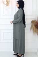 Tesettür giyim GRİ TAŞ İŞLEMELİ ABİYE ELBİSE T 7321