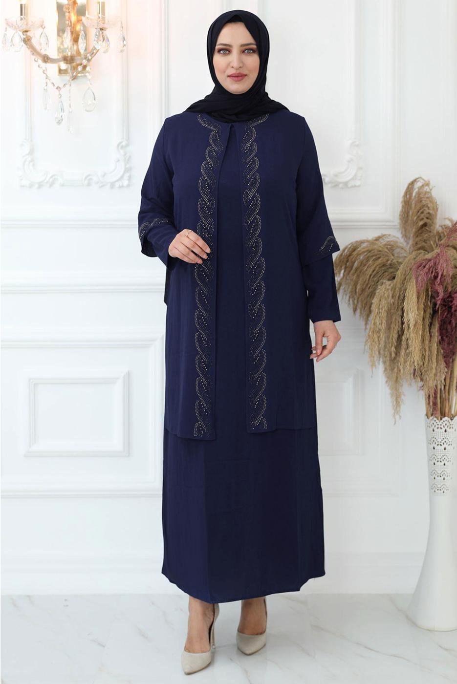 Vêtements hijab BLEU MARINE ROBE DE SOIRÉE AVEC GEM BRODÉ T 7321