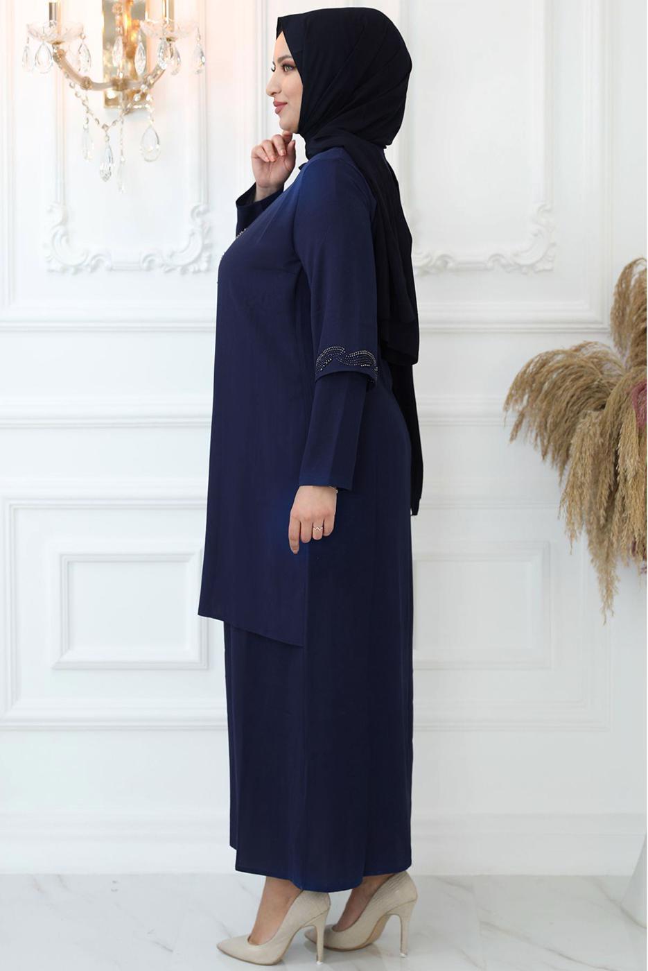 Vêtements hijab BLEU MARINE ROBE DE SOIRÉE AVEC GEM BRODÉ T 7321