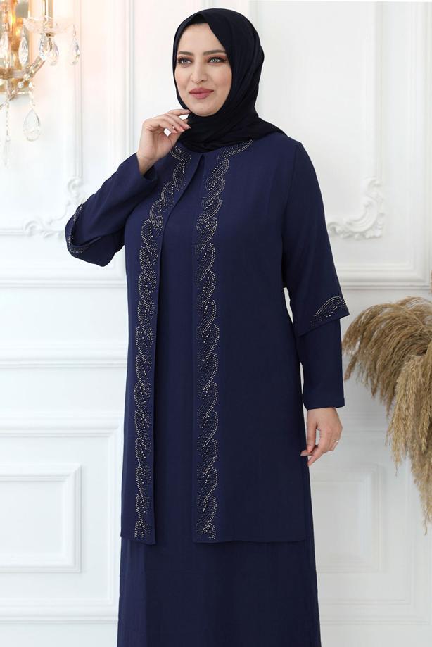 Vêtements hijab BLEU MARINE ROBE DE SOIRÉE AVEC GEM BRODÉ T 7321 - TRENDTESETTÜR