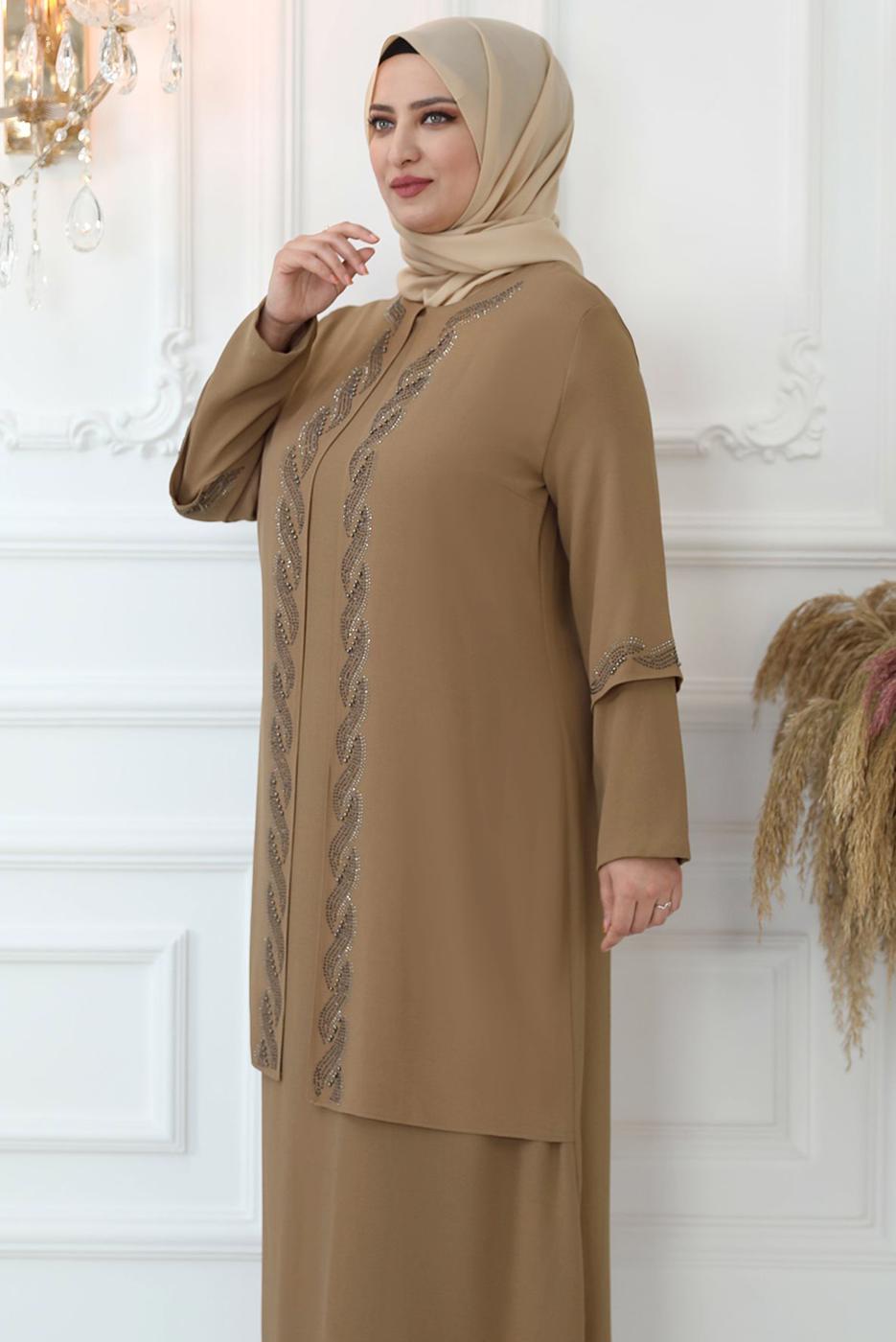 Tesettür giyim VİZON TAŞ İŞLEMELİ ABİYE ELBİSE T 7321