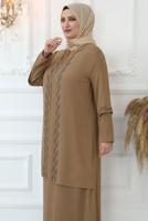 Tesettür giyim VİZON TAŞ İŞLEMELİ ABİYE ELBİSE T 7321