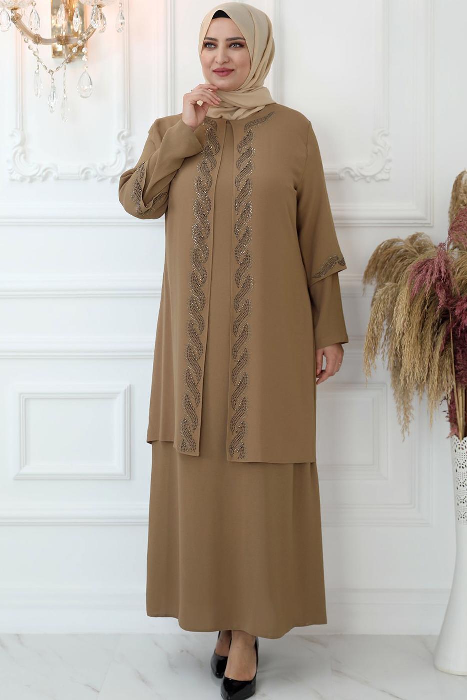 Tesettür giyim VİZON TAŞ İŞLEMELİ ABİYE ELBİSE T 7321