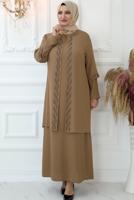 Tesettür giyim VİZON TAŞ İŞLEMELİ ABİYE ELBİSE T 7321