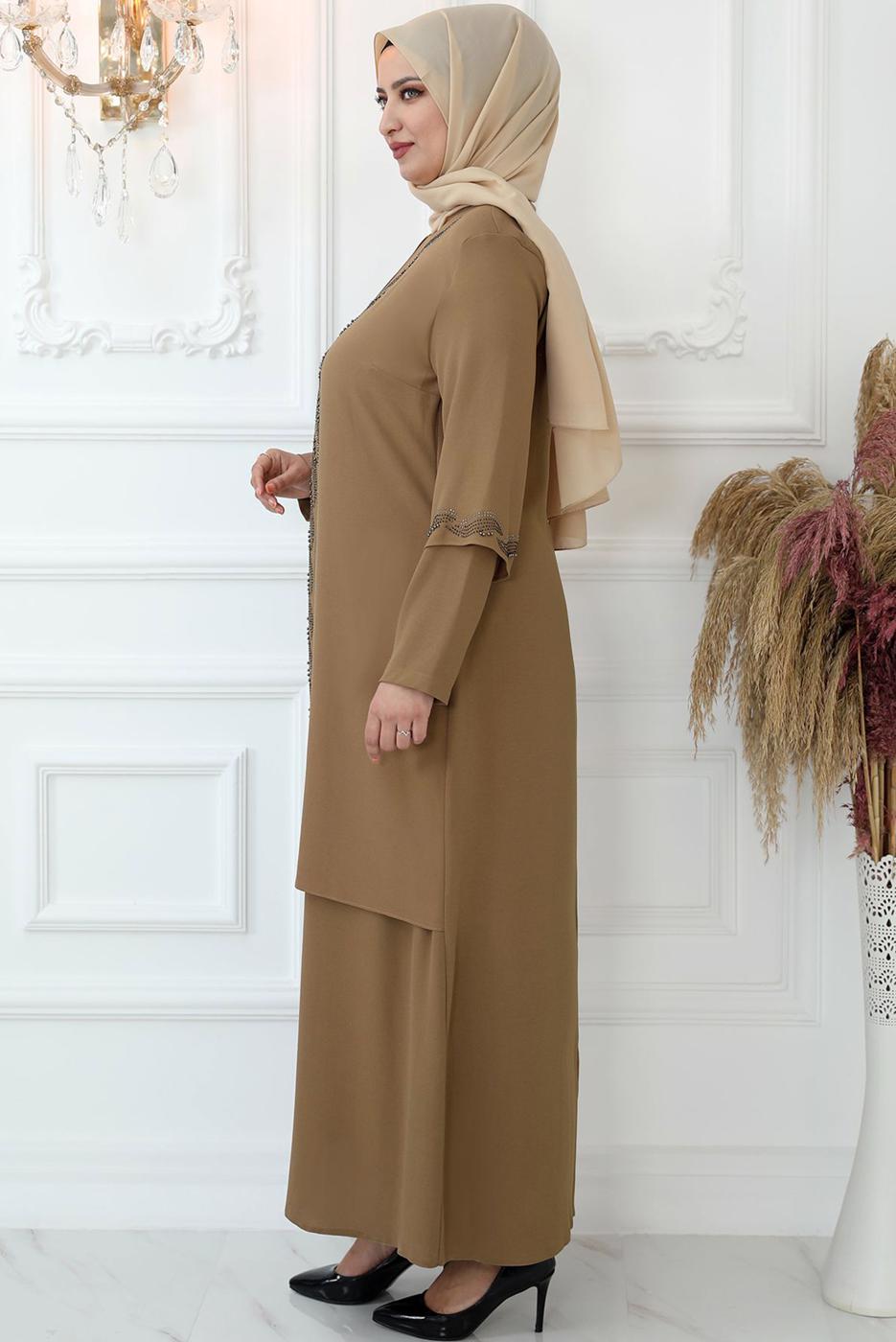 Tesettür giyim VİZON TAŞ İŞLEMELİ ABİYE ELBİSE T 7321
