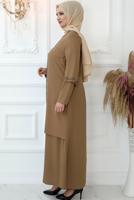 Tesettür giyim VİZON TAŞ İŞLEMELİ ABİYE ELBİSE T 7321