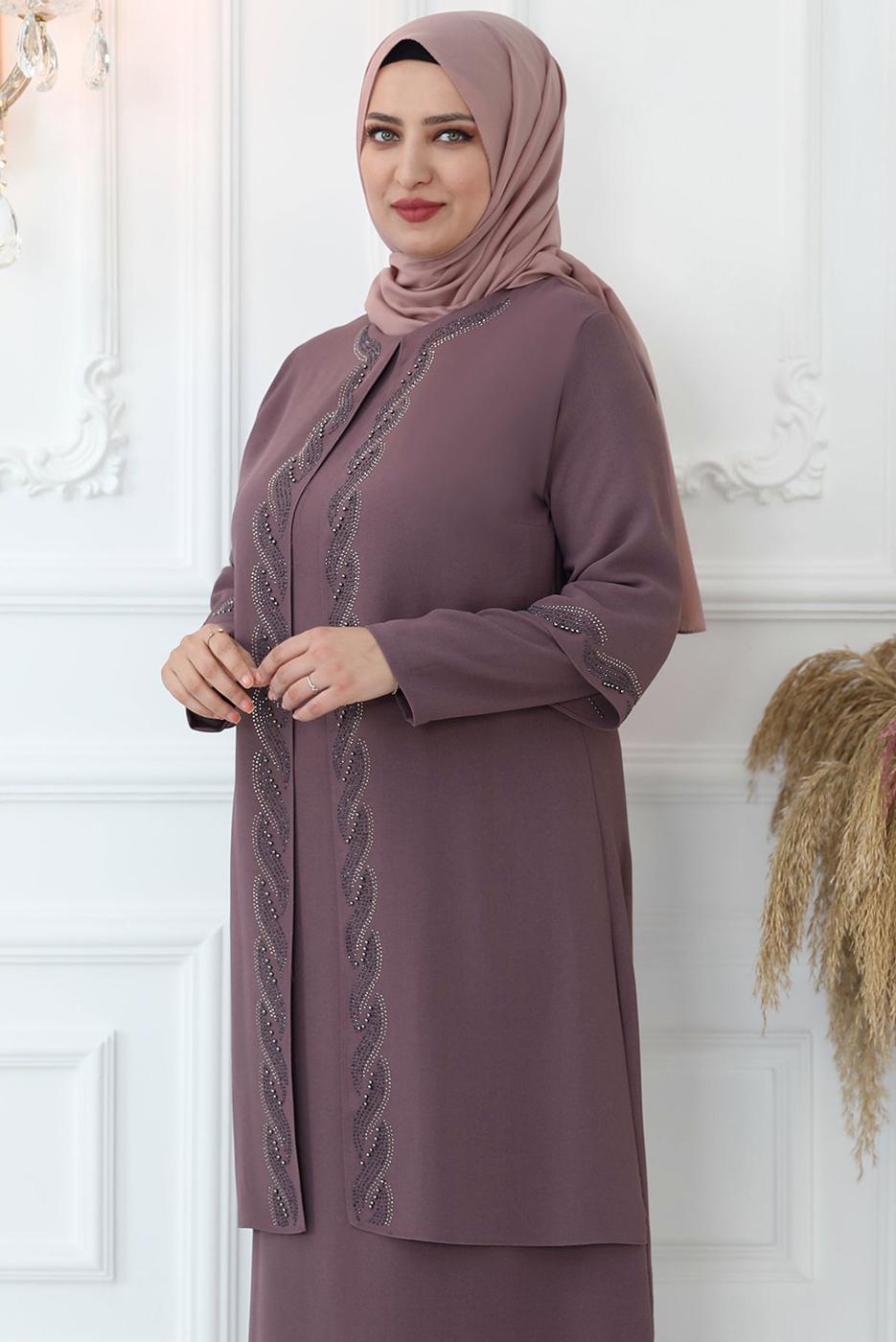 Tesettür giyim PEMBE TAŞ İŞLEMELİ ABİYE ELBİSE T 7321