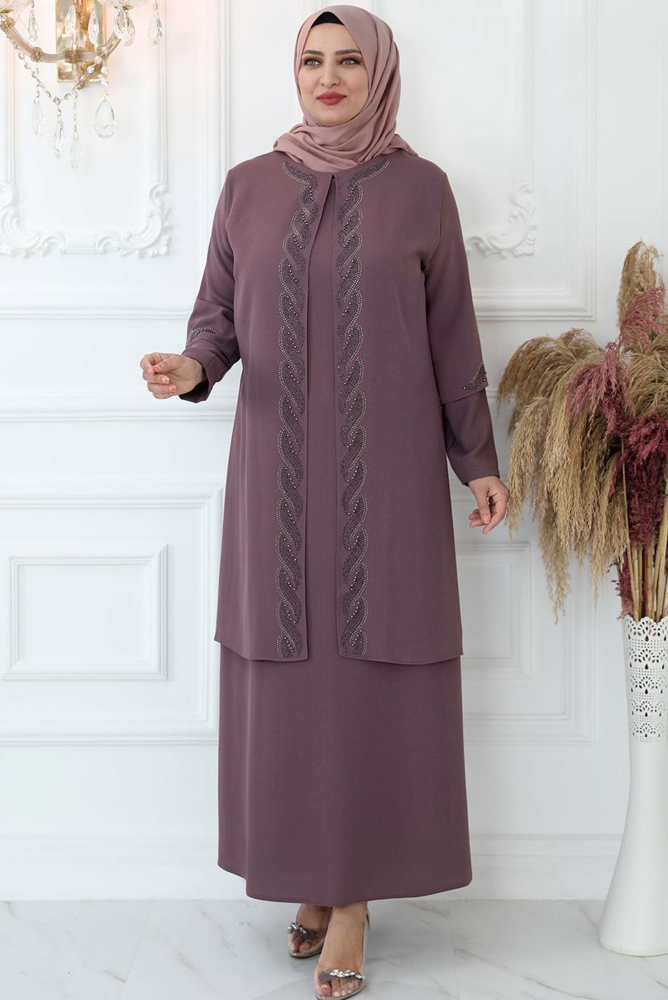 Tesettür giyim PEMBE TAŞ İŞLEMELİ ABİYE ELBİSE T 7321