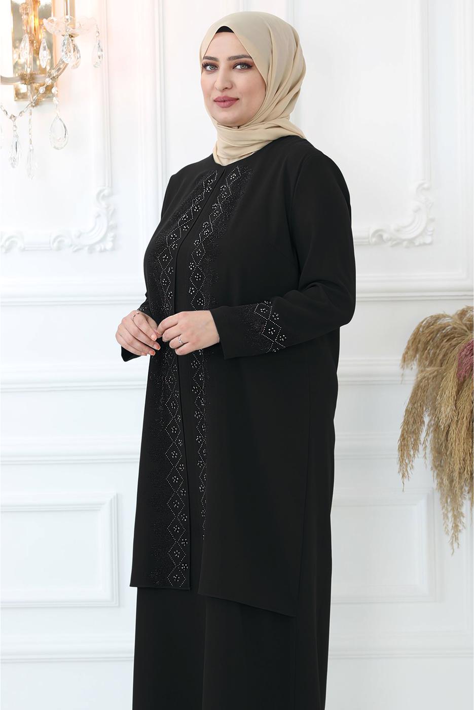 Tesettür giyim SİYAH TAŞ BASKILI ABİYE ELBİSE T 7721