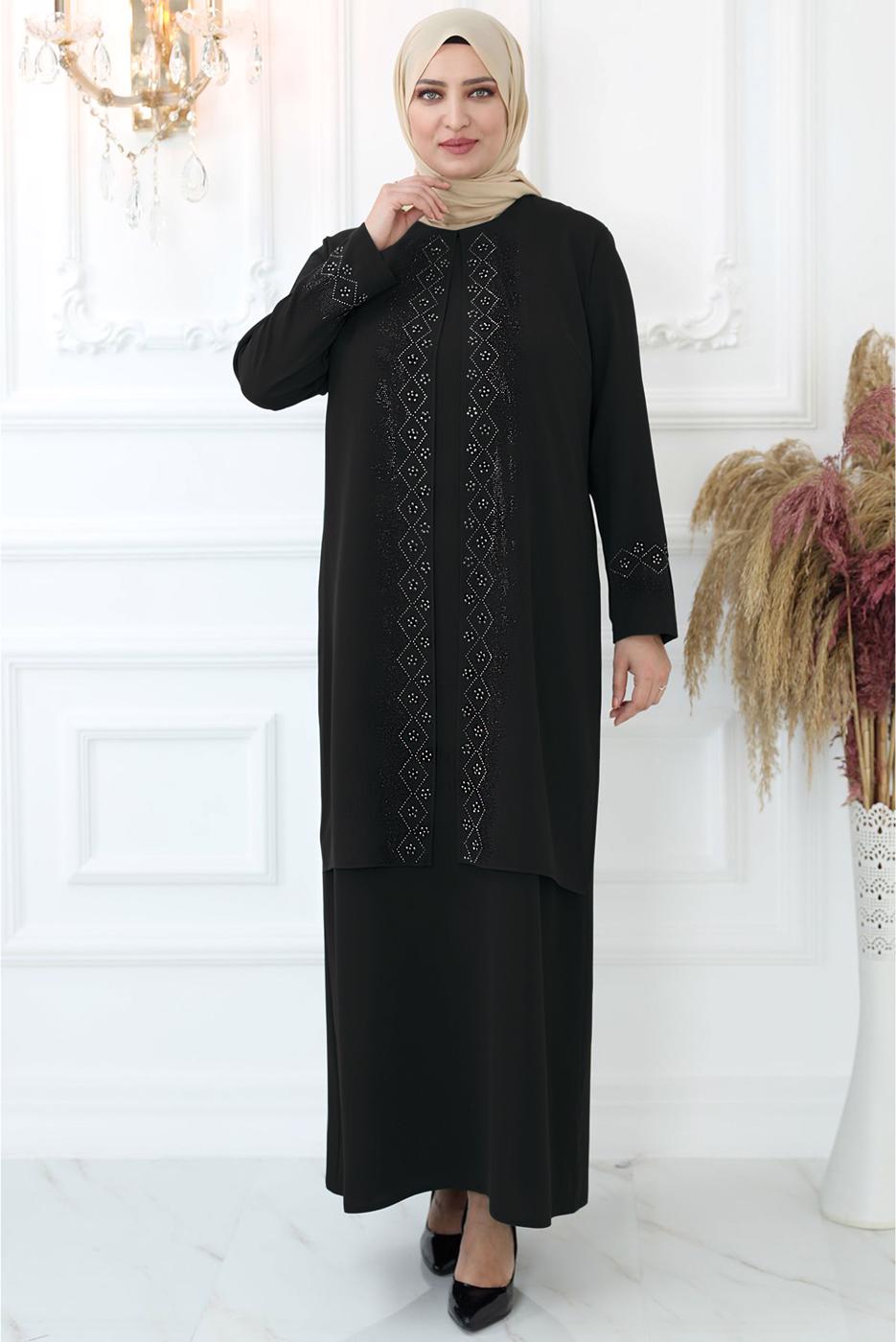 Tesettür giyim SİYAH TAŞ BASKILI ABİYE ELBİSE T 7721