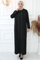 Tesettür giyim SİYAH TAŞ BASKILI ABİYE ELBİSE T 7721