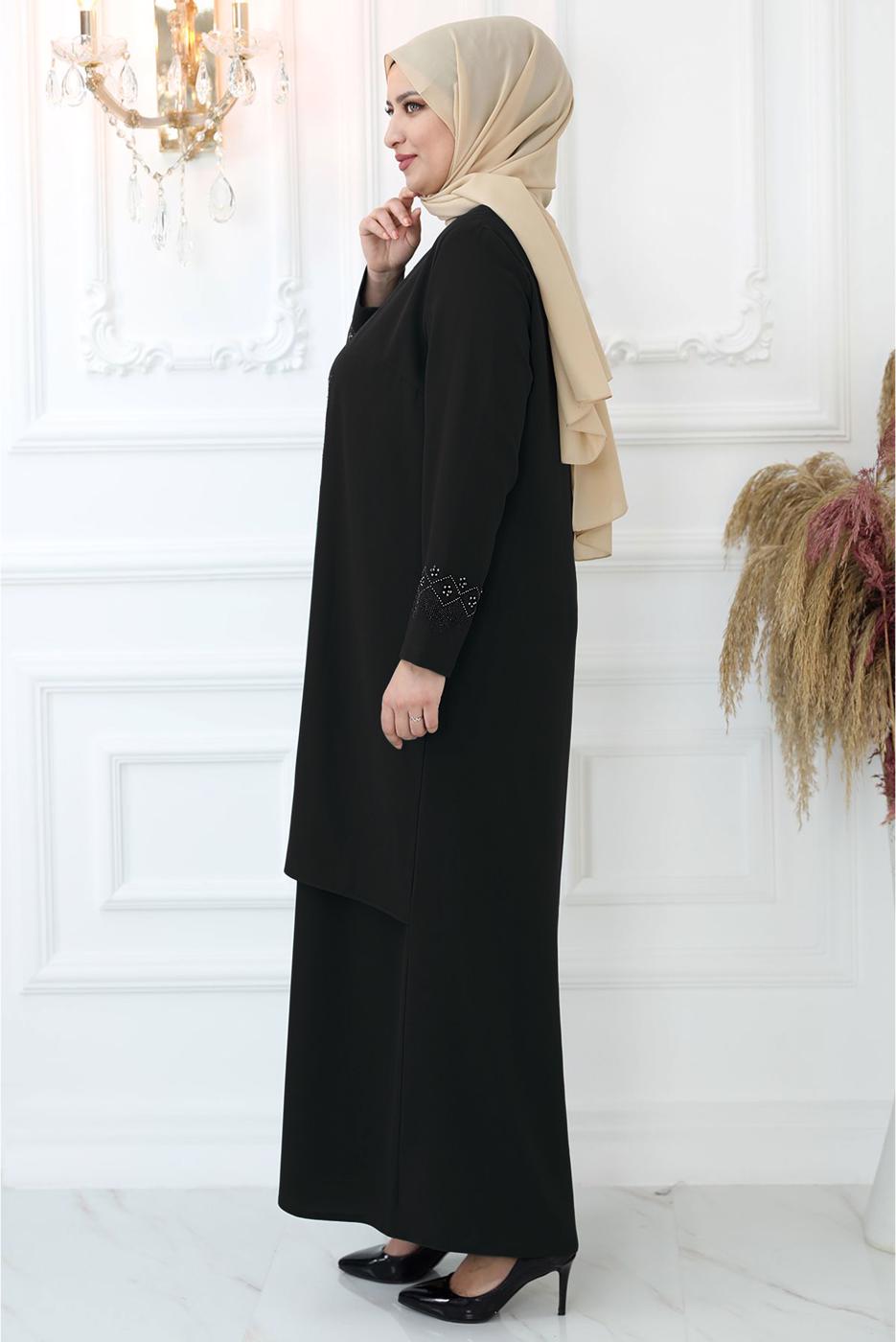 Tesettür giyim SİYAH TAŞ BASKILI ABİYE ELBİSE T 7721