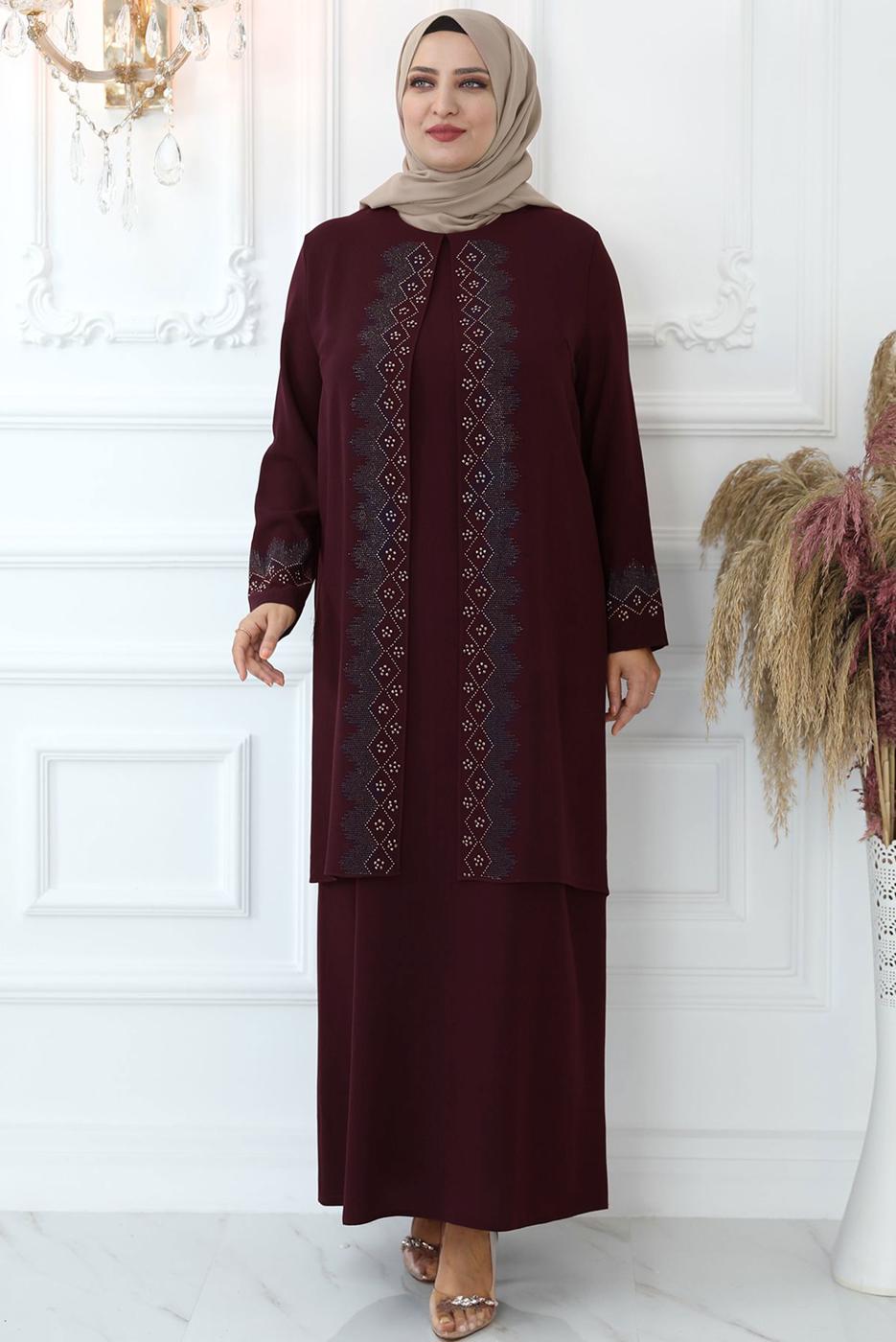 Hijab clothing CLARET RED GEM EMBROIDERED EVENING DRESS T 7721